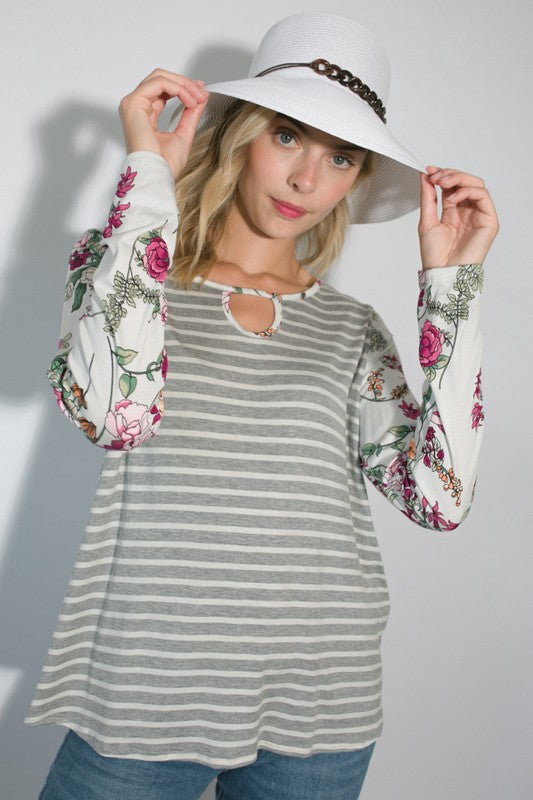 Floral Print Round Neck Keyhole Tunic Top - Stripe Detail