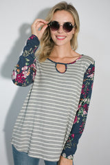 Floral Print Round Neck Keyhole Tunic Top - Stripe Detail