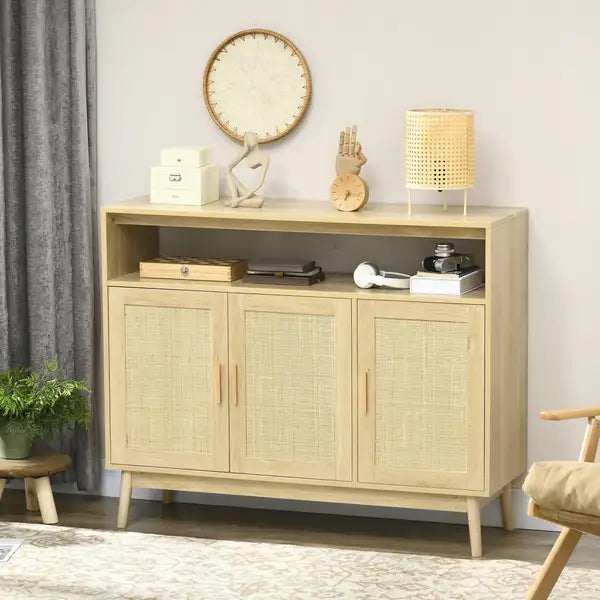 Boho Rattan Sideboard Cabinet - Natural Wood Buffet Storage