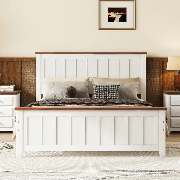 Full Size Wooden Platform Bed Frame with Slat Support - White, Vintage Simple Design