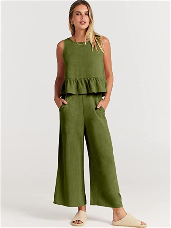 Casual Suit Summer Sleeveless Pleated Vest And Wide-leg Cropped Pants Two Piece Sets