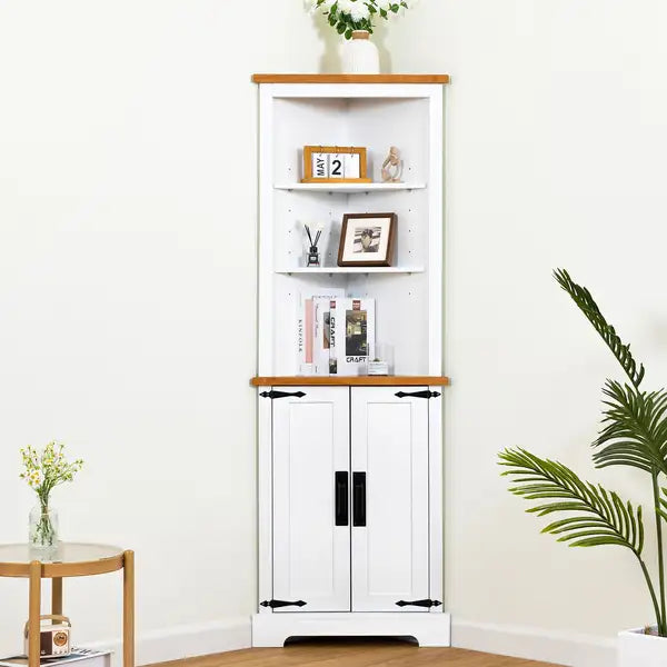 White & Brown Corner Cabinet with Shelves - Bathroom, Kitchen, Bedroom Storage