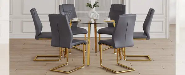 Modern Clear Glass Dining Table Set with Dark Gray PU Leather Chairs - Minihomy