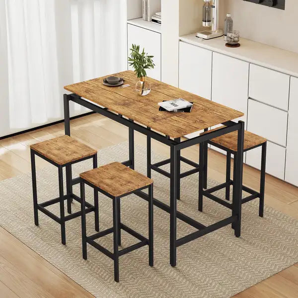 TREXM 5-Piece Compact Bar Table Set - Industrial Dining Set with Stools (Brown)