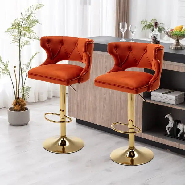 Orange Velvet Bar Stools with Back & Footrest - Set of 2 - Counter Height Dining Chairs - Minihomy