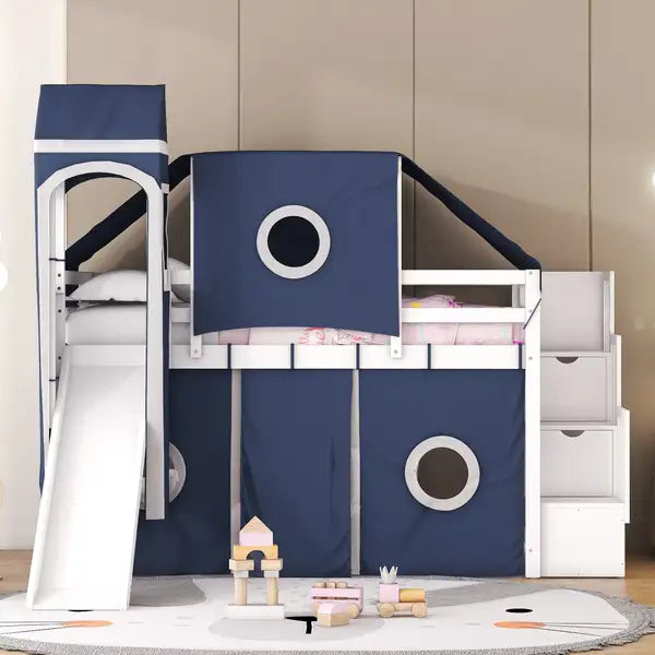 Twin Loft Bed with Tent & Tower - Blue Kids Bedroom Furniture