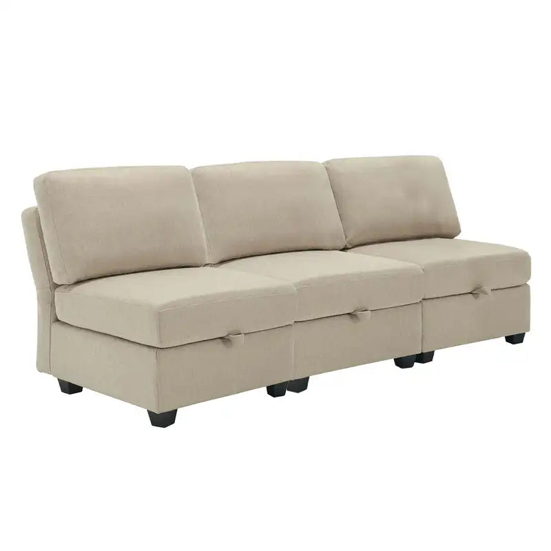 Beige Linen Modular Sectional Sofa with Storage - U-Shape Couch