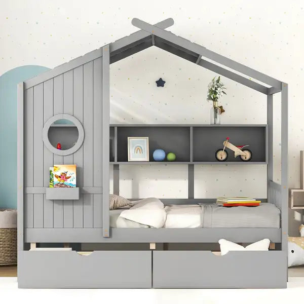 Full Size House Bed with Storage - Wooden Kids Bed, Gray, 2 Drawers