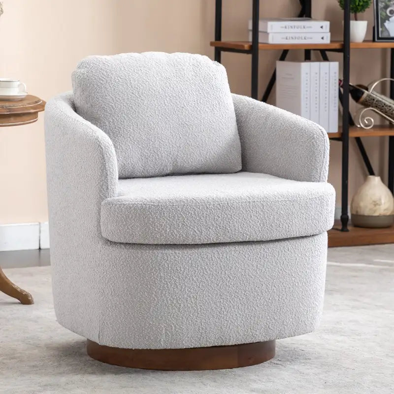 Light Gray Boucle Swivel Accent Chair with Brown Wooden Legs