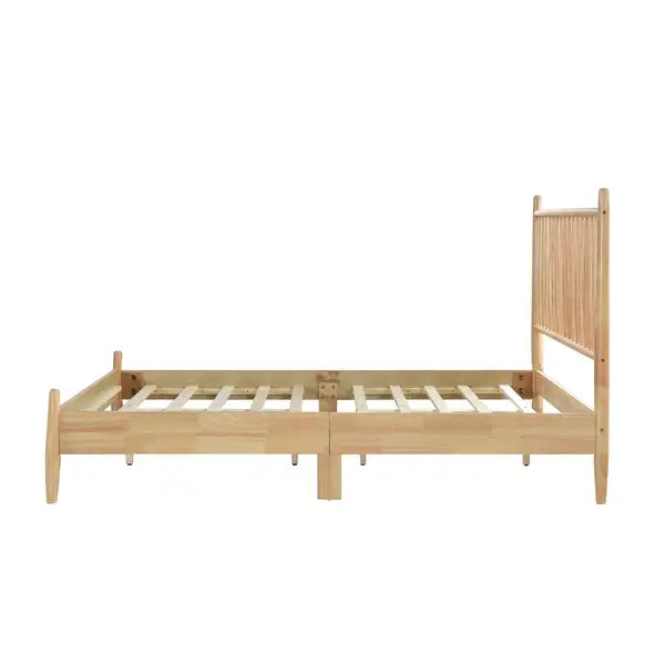 Mid-Century Modern Full Platform Bed | Natural Wood | Vertical Slats Headboard | Bed in a Box - Minihomy