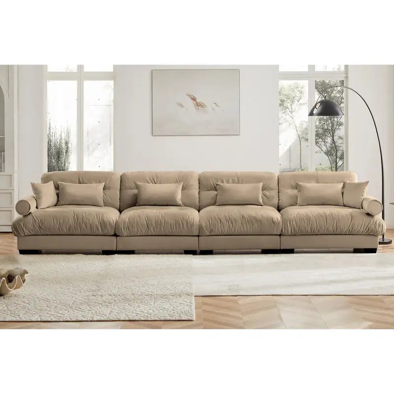 Camel Velvet Sectional Sofa - Oversized Modular Couch with Ottoman