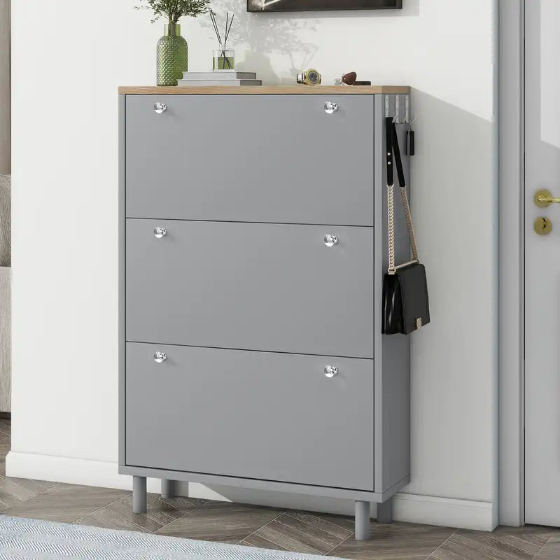 Grey Narrow Shoe Cabinet with 3 Drawers & Hooks - Entryway Organizer