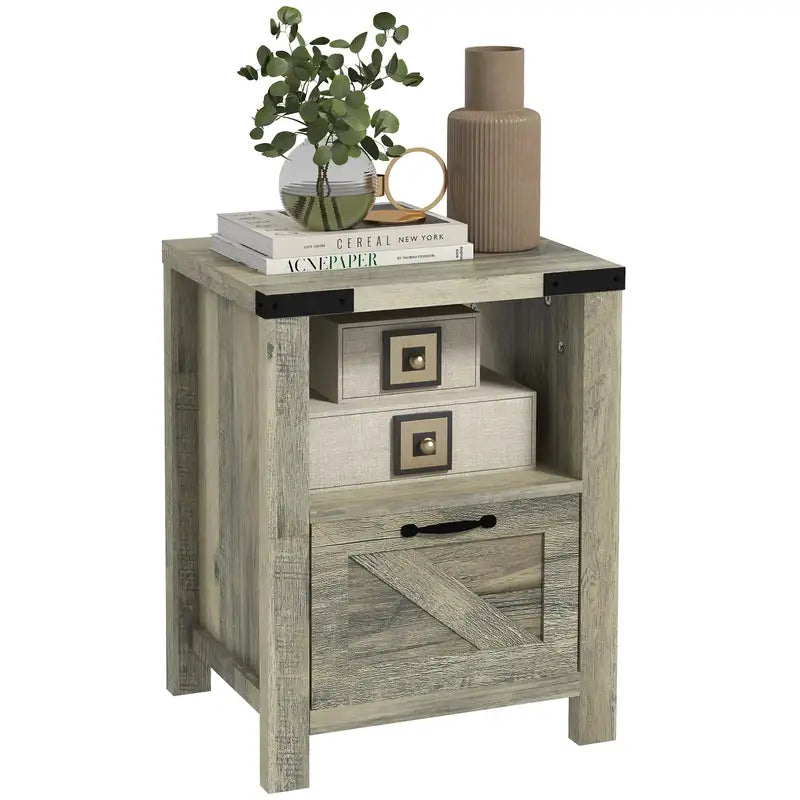 Gray Rustic Farmhouse End Table with Drawer & Shelf