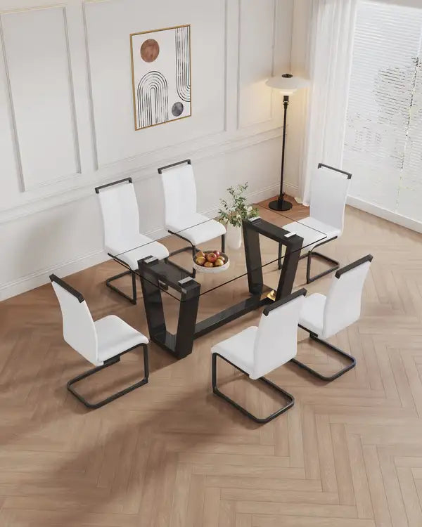 6-Piece Dining Set with White Chairs, Tempered Glass Table & Black Metal Legs - Minihomy