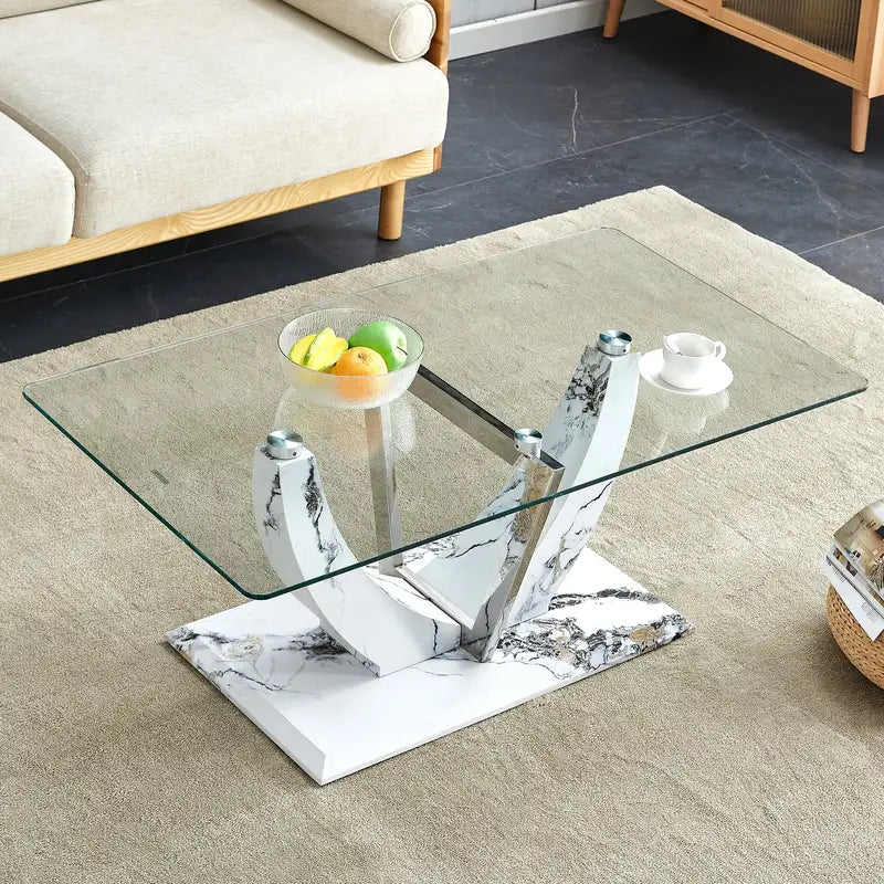 Modern Glass Coffee Table with Marble Legs & Steel - CT-907