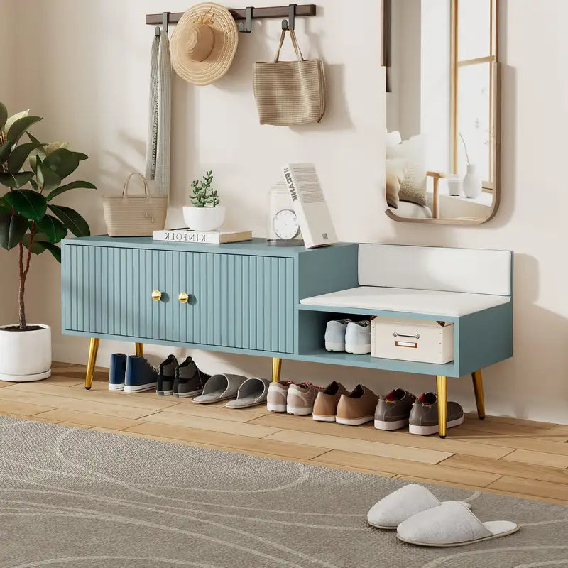 Modern Shoe Storage Bench with Hidden Compartment & Cushions - Light Blue