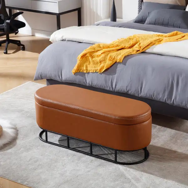 Upholstered Storage Bench with Metal Legs - Brown Ottoman