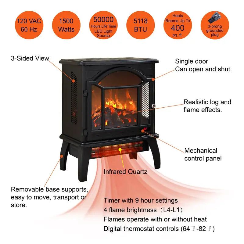 18" 3D Electric Fireplace Stove with Remote - Infrared Quartz Heat