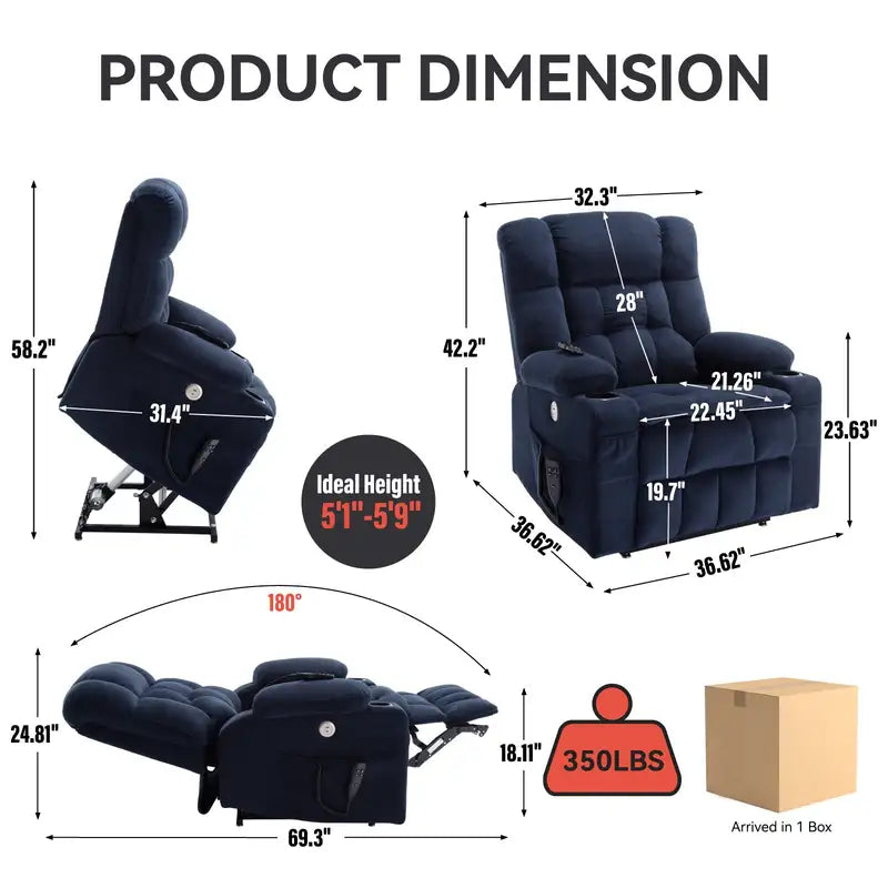 Power Lift Recliner Chair, 350lb, Blue Chenille, Dual Motor, Heat & Massage