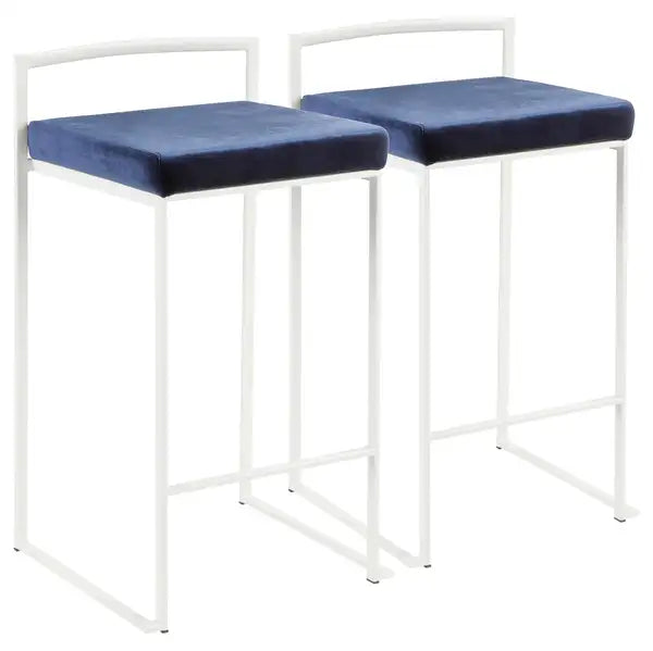 LumiSource Fuji White Counter Stools with Blue Velvet Cushions (Set of 2)