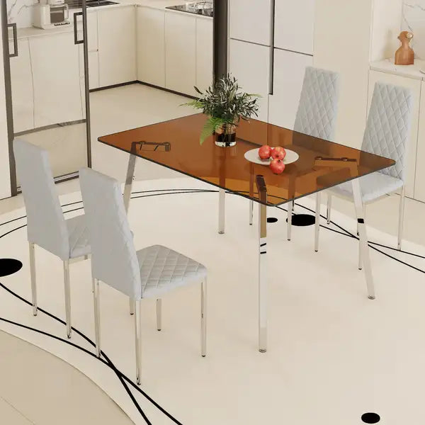 Modern Glass Top Dining Table & 4 Gray Chairs Set - Silver Metal Legs