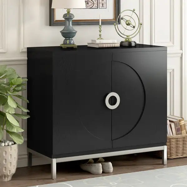 Modern Black Accent Cabinet with Wood Veneer - Living Room Storage