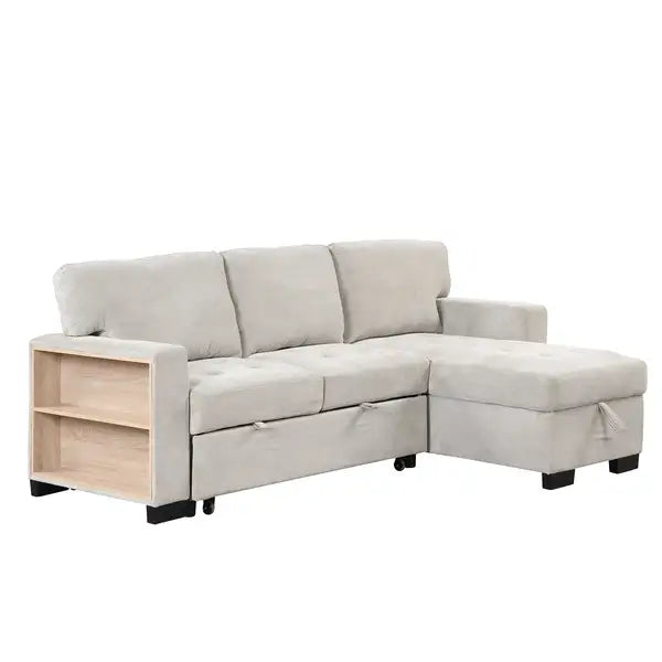 Light Gray Chaise Lounge Sectional w/ Storage, Bed, Table & USB