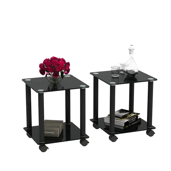 Black 2-Tier Side Table with Storage - Modern Nightstand & End Table