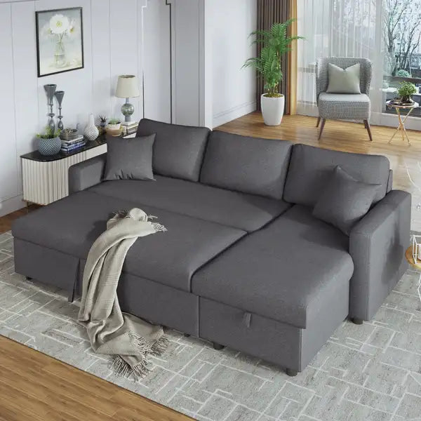 Grey Sleeper Sectional Sofa with Storage & Cushions - U_STYLE