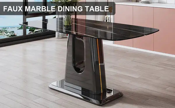 Black Marble Dining Table | Modern Minimalist U-Shaped Legs 63" x 35.4" x 30" - Minihomy