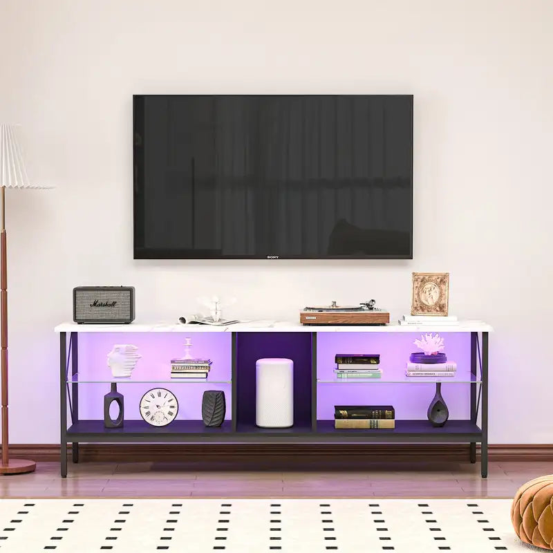 White Marble TV Stand with LED Lights & Remote Control