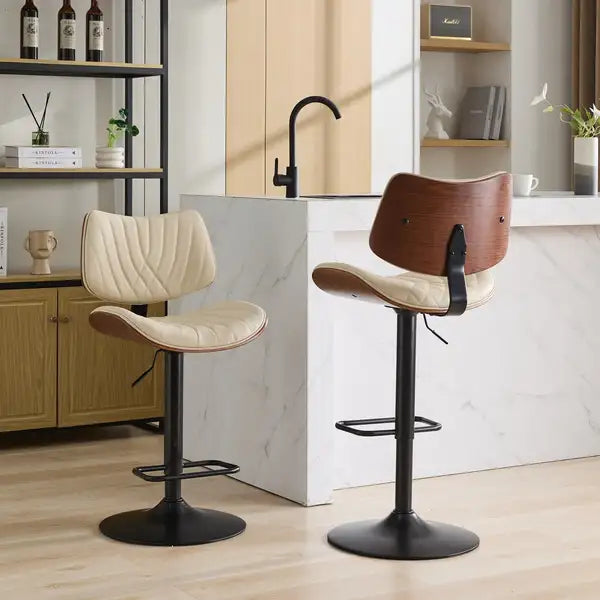 Adjustable Bentwood Bar Stools, Mid Century Modern, Black Leather, Swivel, Counter Height, Beige - Minihomy