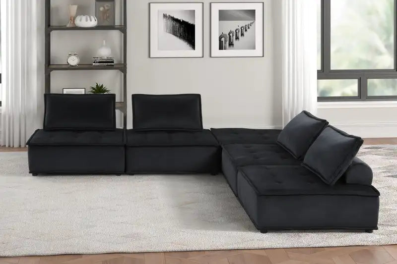 Anna 120" Black Velvet Sectional Sofa - 5-Piece