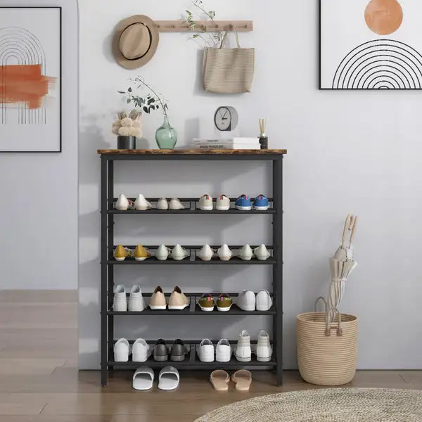 Rustic 5-Tier Shoe Rack | Industrial Metal Storage Organizer