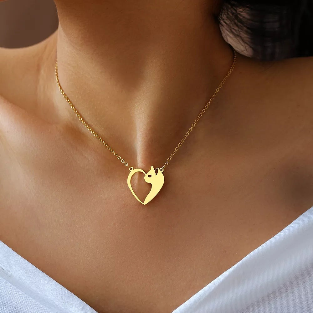 Women's Fashion Jewelry Stainless Steel Necklaces with Heart Cat Hollow Pendant Girls Gifts