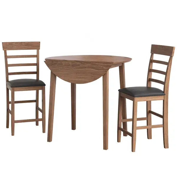 Retro Round Drop-Leaf Counter Height Dining Table Set with 2 Chairs - Walnut