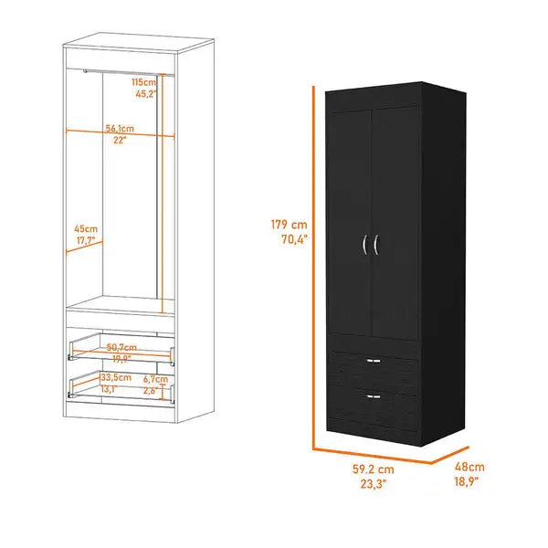 Alabama Armoire with Large Cabinet & 2 Drawers - Solid Wood Storage - Minihomy