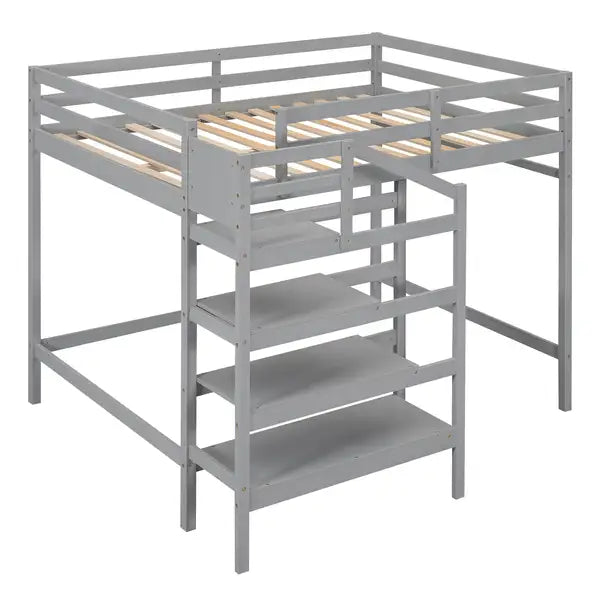 Full Size Loft Bed with Storage Staircase & Clothes Hanger - Gray - Minihomy