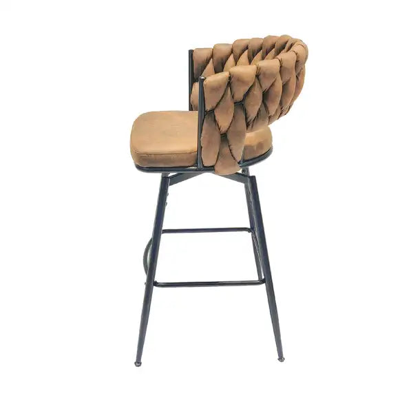 Brown Leather Woven Bar Stools Set of 4, Swivel Counter Stools with Backrest & Footrest, Black Legs - Minihomy