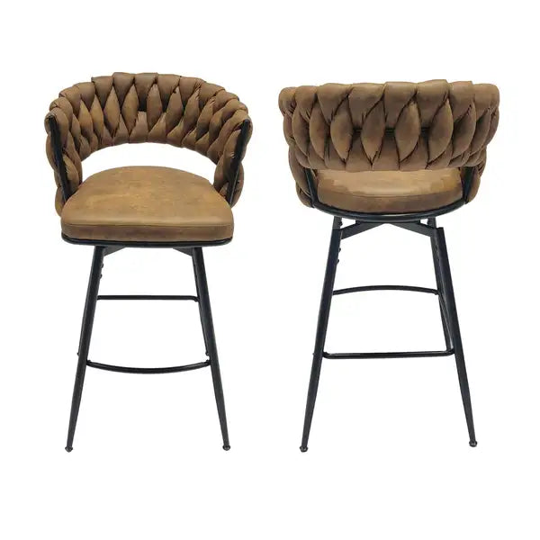 Brown Leather Woven Bar Stools Set of 2, Black Legs, Swivel, Upholstered, Backrest, Footrest - Minihomy