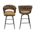 Brown Leather Woven Bar Stools Set of 2, Black Legs, Swivel, Upholstered, Backrest, Footrest - Minihomy