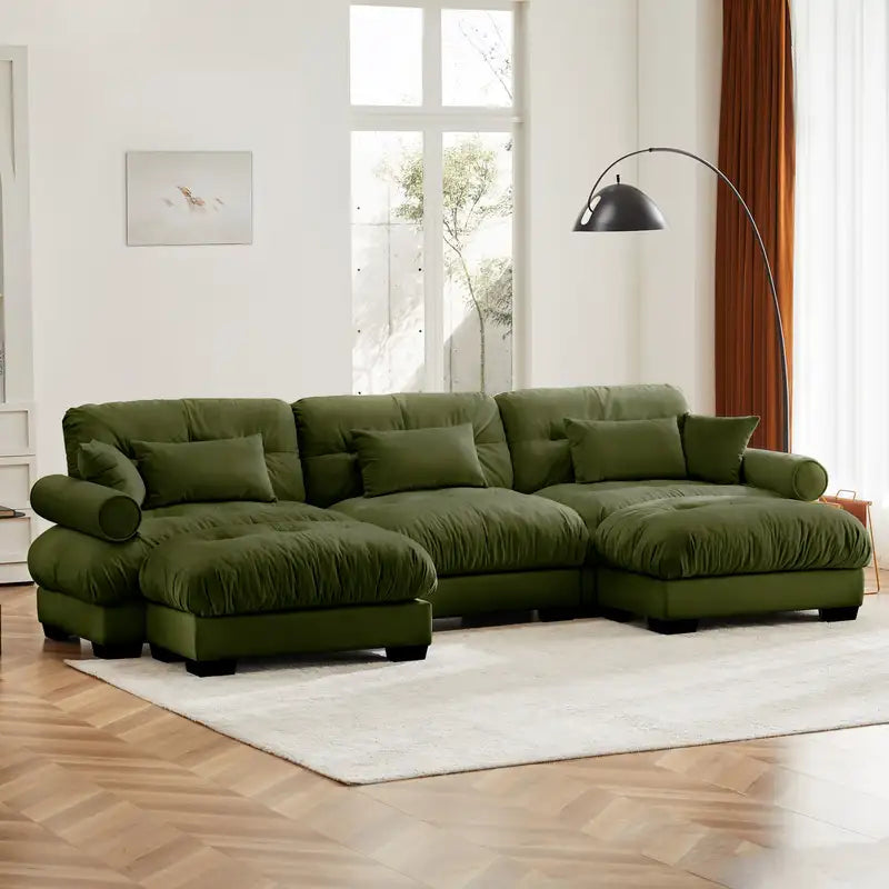 Modular U-Shaped Sectional Sofa with Ottomans - Olive Green