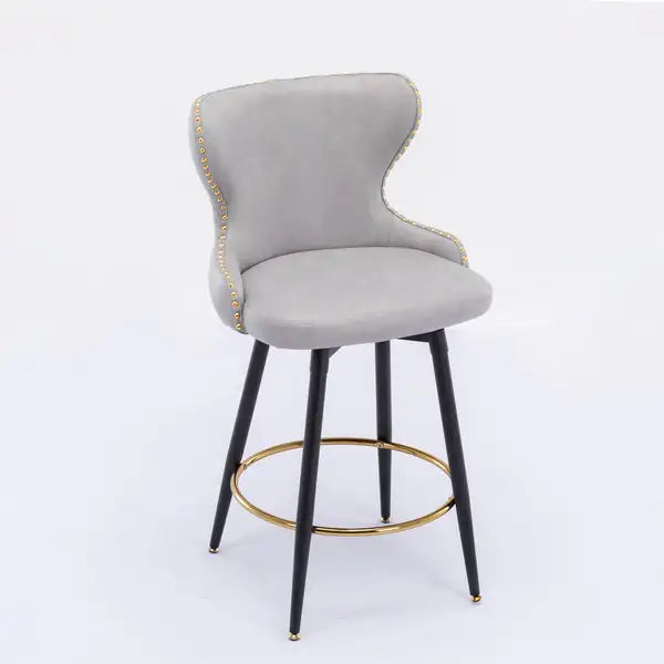 2-Pack Light Gray Modern Bar Stools, 25" Counter Height, Swivel, Tufted Gold Nailhead Trim, Metal Legs - Minihomy