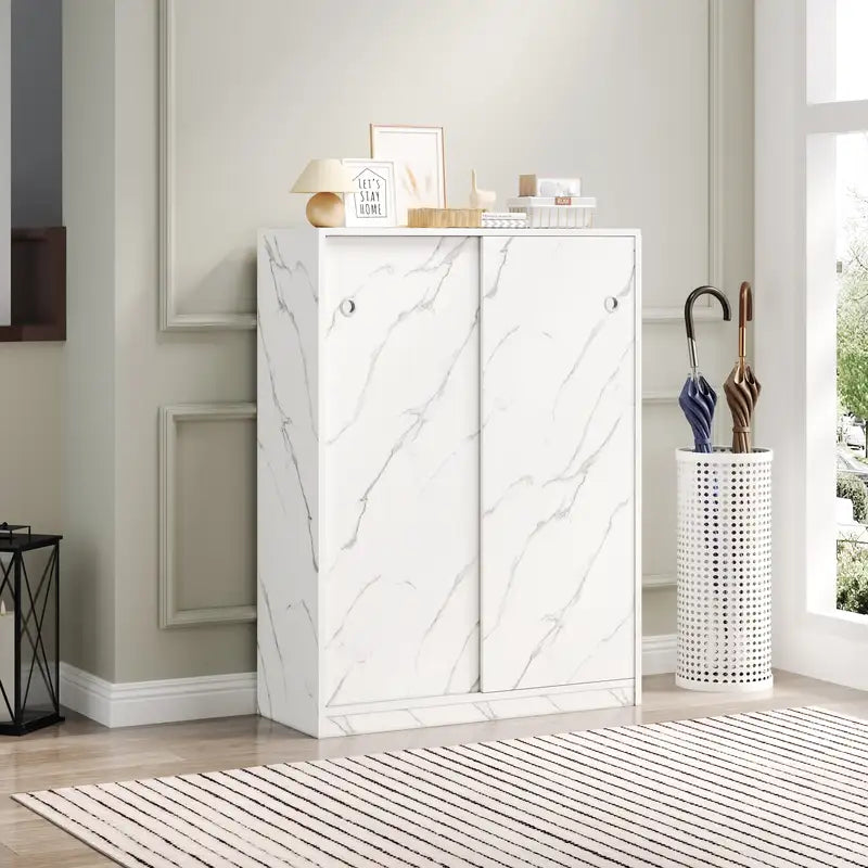 White Marble Shoe Cabinet: 6-Tier Sliding Doors, 30+ Pairs