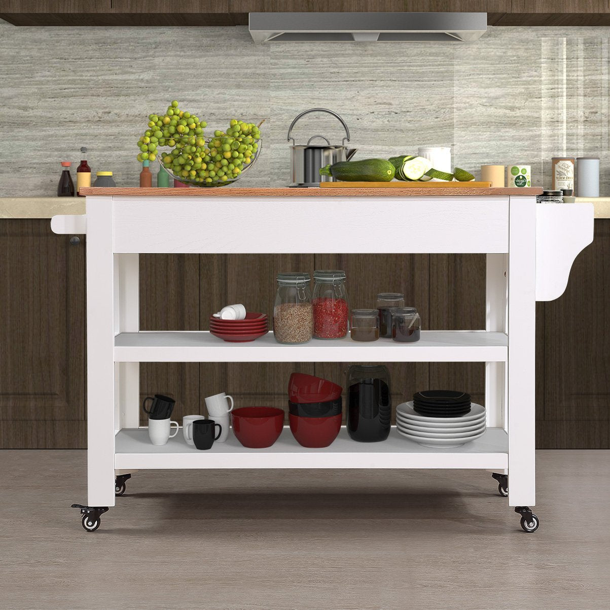 57 Inch Rolling Kitchen Island with Storage - Solid Oak Top, Wine & Spice Rack, 2 Drawers, White & Natural