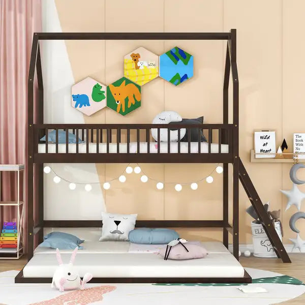 Twin Over Twin Bunk Bed with Trundle & Ladder - Space-Saving Kids Furniture