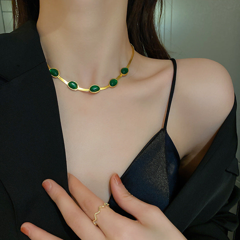 Boho Fashion Jewelry Green Stone Crystal Snake Chain Multilayer Necklace for Women