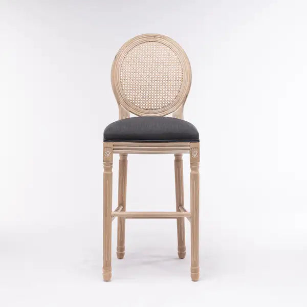 French Country Barstools Set of 2 | Rattan Back & Upholstered Seats, Dark Grey - Minihomy