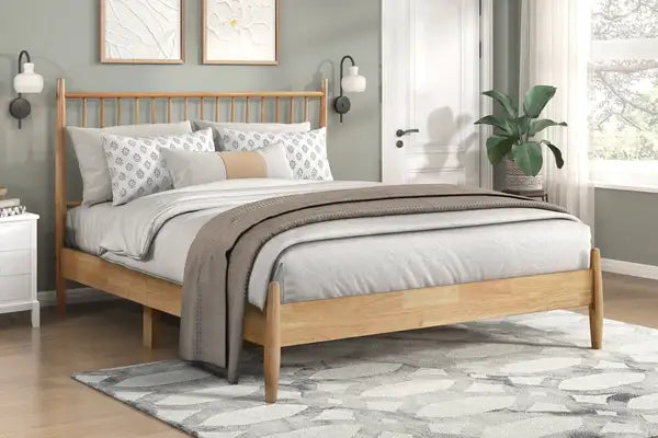 Mid-Century Modern Full Platform Bed | Natural Wood | Vertical Slats Headboard | Bed in a Box - Minihomy