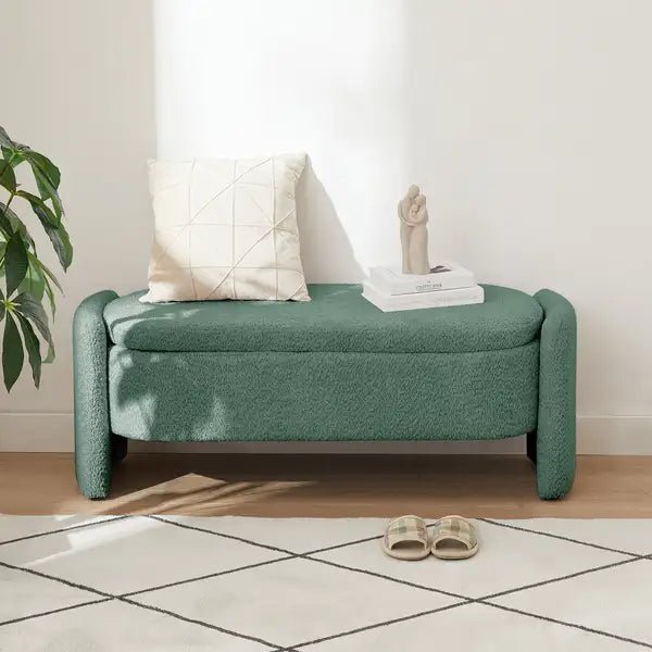 Green Ottoman Storage Bench with Large Capacity - 3D Lamb Fleece